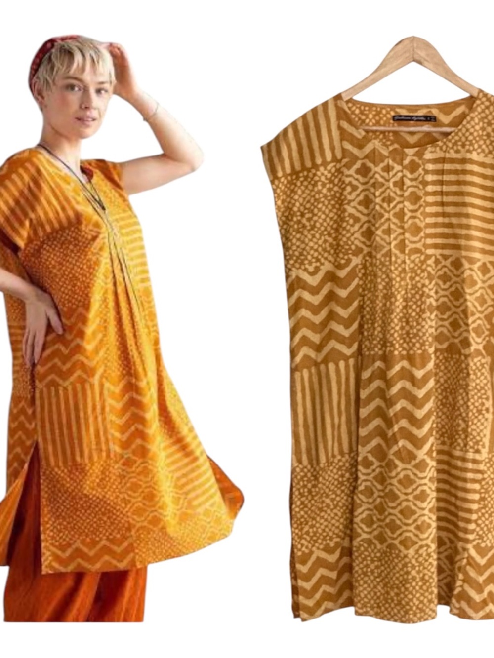 Gudrun Sjoden Mustard Yellow Short Sleeve Patchwork Blockprint Tunic Dress Small